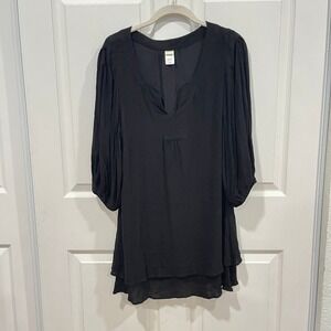 L*Space Black Tunic Dress Women's Medium Flowy V Neck Blouse Layered 3/4 Sleeve‎